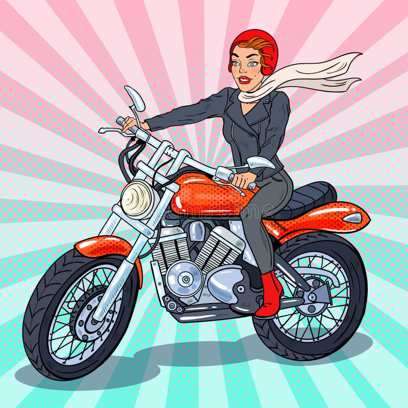Pop Art Biker Woman in Helm die een Motorfiets berijdt stock illustratie Pop Art Biker Woman in Helm die een Motorfiets berijdt stock illustratie
