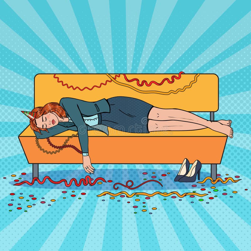 Pop Art Business Woman Sleeping op Bank na Nachtbureau stock illustratie Pop Art Business Woman Sleeping op Bank na Nachtbureau stock illustratie