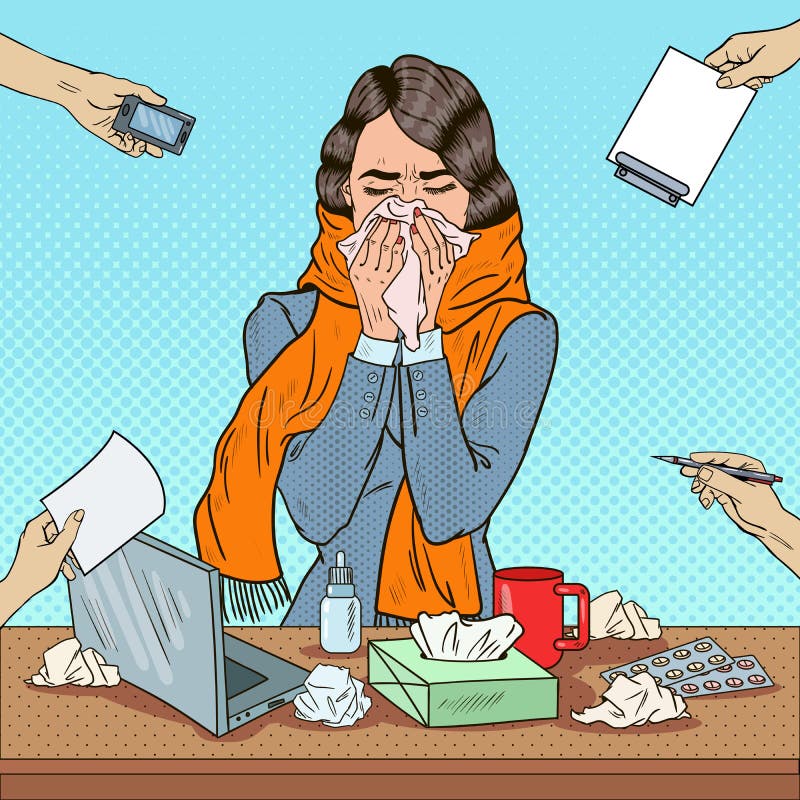 Pop Art Business Woman Sneezing at Office Work