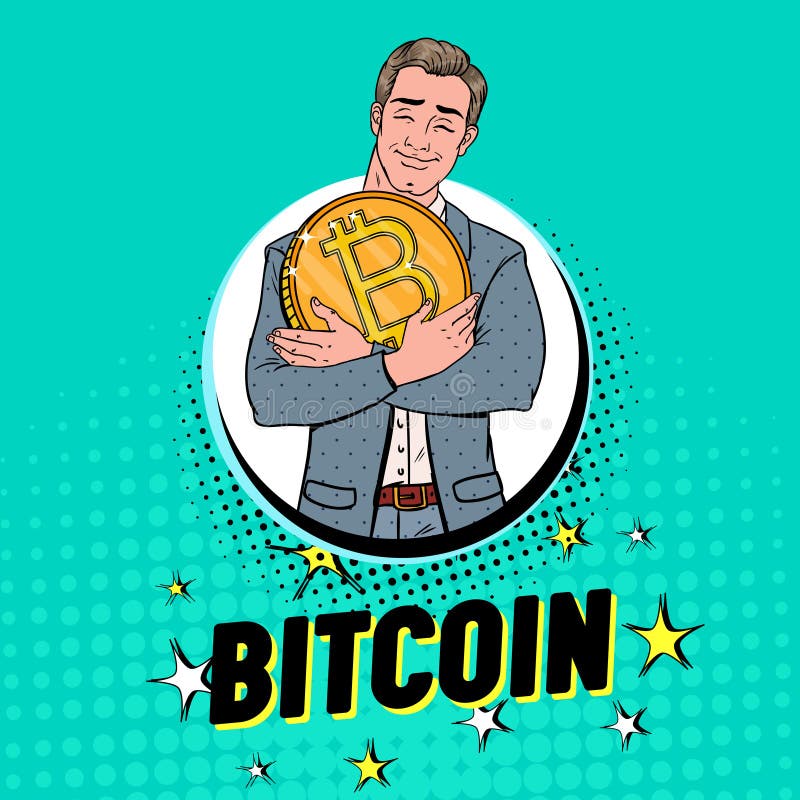 Pop Art Businessman with Big Golden Bitcoin Coin. Crypto Currency Concept. Virtual Money Advertising Poster
