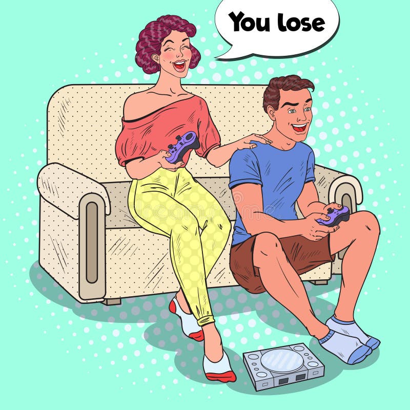 Pop Art Couple Playing Video Game. Girl and Guy with Console Joystick. Vector illustration