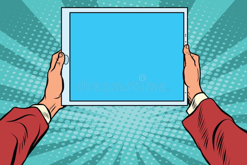 Pop art electronic tablet in the hands stock illustration
