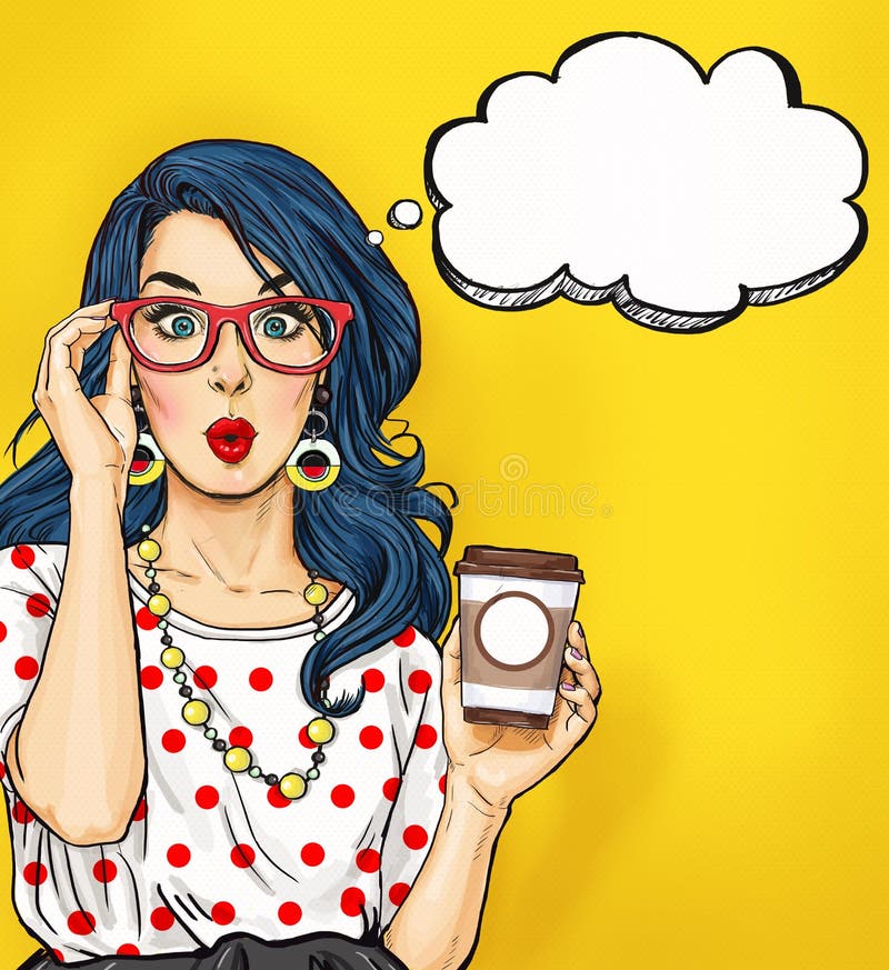 Pop Art girl with coffee cup in glasses with thought bubble. Party invitation. Birthday card. Hollywood, movie star. Comic woman.