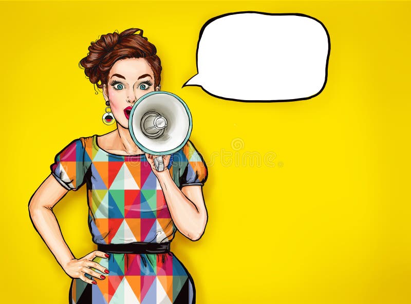 Pop art girl with megaphone. Woman with loudspeaker.