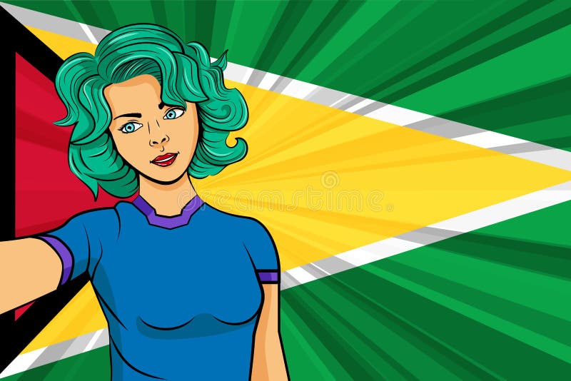 Pop art girl with unicorn color hair style. Young fan girl makes selfie before the national flag of Guyana. Vector sport illustrat stock illustration Pop art girl with unicorn color hair style. Young fan girl makes selfie before the national flag of Guyana. Vector sport illustrat stock illustration