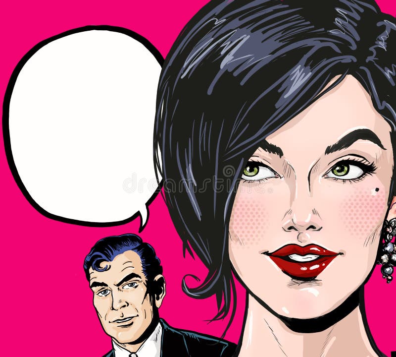 Pop art illustration de l'homme avec une femme étonnée avec bulle de la parole. conversation postcouple publicitaire. chuchoter de illustration libre de droits