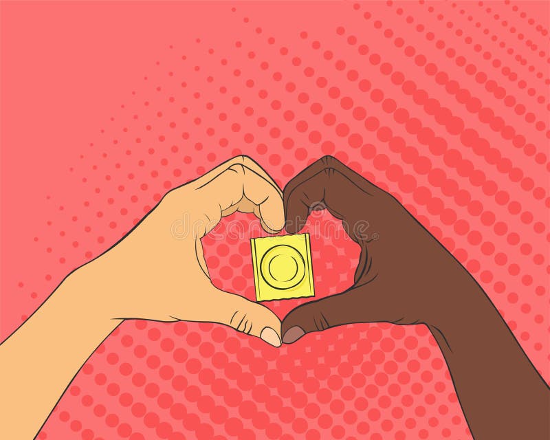 Pop art image of hands in the shape of the heart. Condom