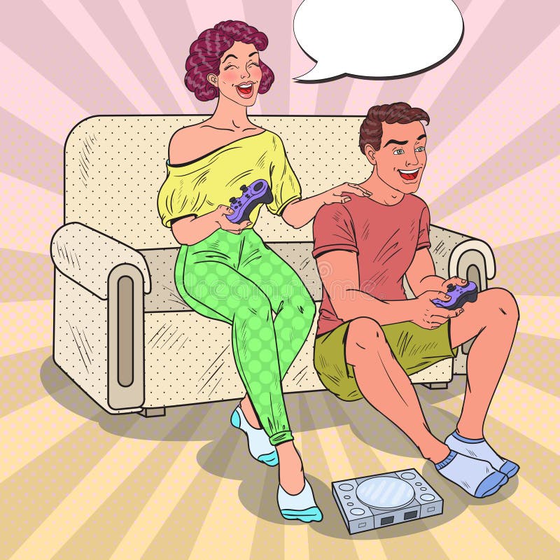 Pop Art Joyful Couple Playing Video Game. Girl and Guy with Console Joystick. Vector illustration