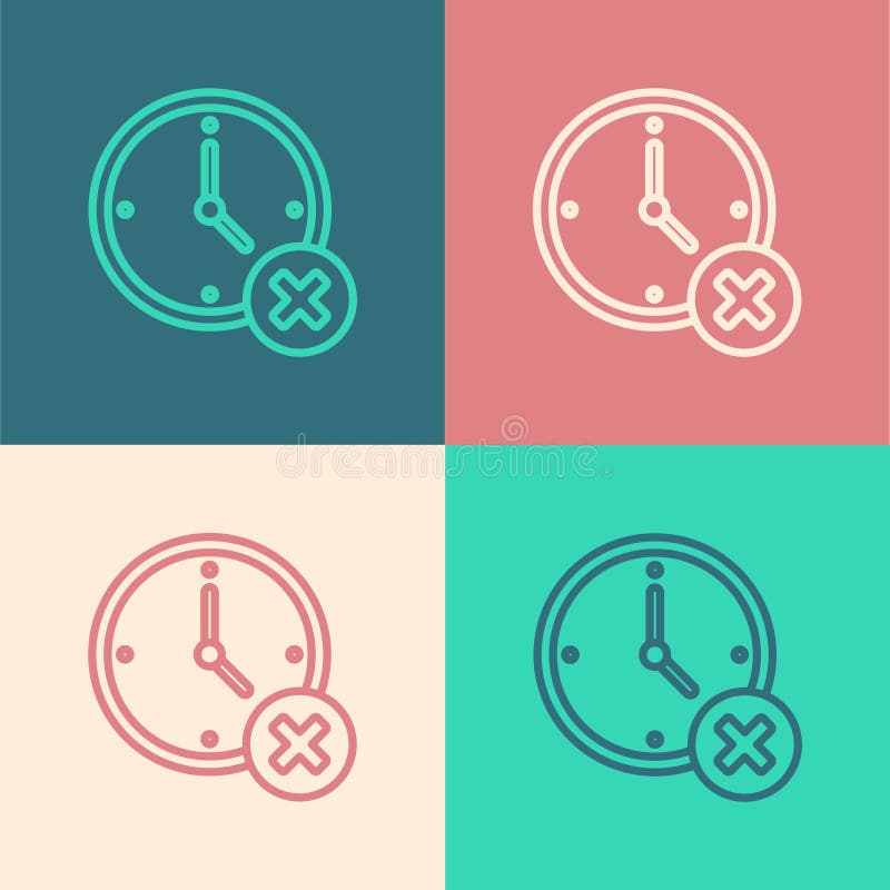 Pop art line Clock delete icon isolated on color background. Time symbol. Vector.