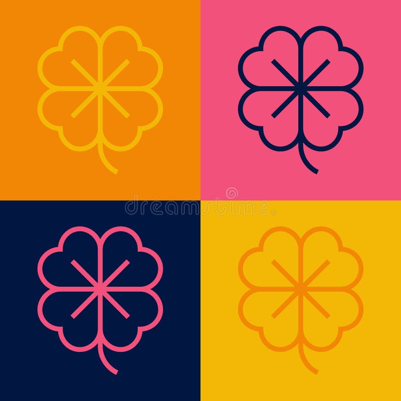 Pop art line Four leaf clover icon isolated on color background. Happy Saint Patrick day. Vector vector illustration