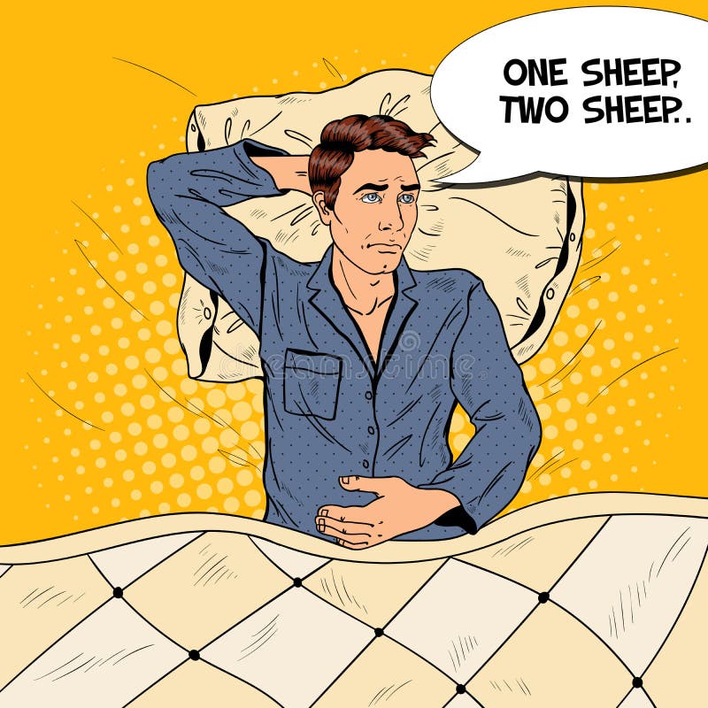 Pop Art Man in Bed die aan Slapeloosheid en Slapeloosheid lijden royalty-vrije illustratie Pop Art Man in Bed die aan Slapeloosheid en Slapeloosheid lijden royalty-vrije illustratie