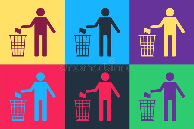 Pop art Man throwing trash into dust bin icon isolated on color background. Recycle symbol. Vector vector illustration