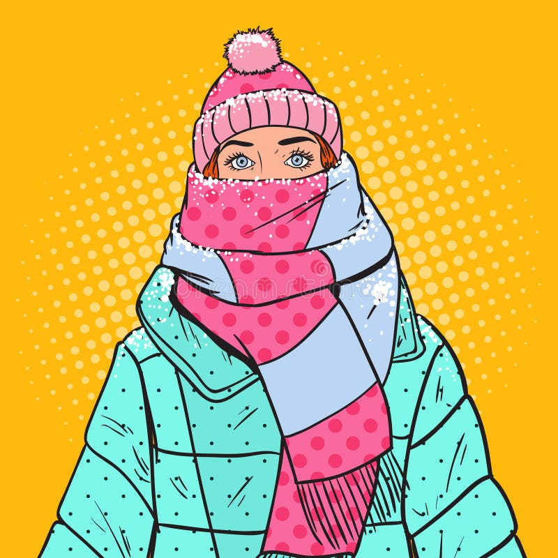 Pop Art Portrait of Beautiful Woman in Warm Winter Clothes. Cold Weather