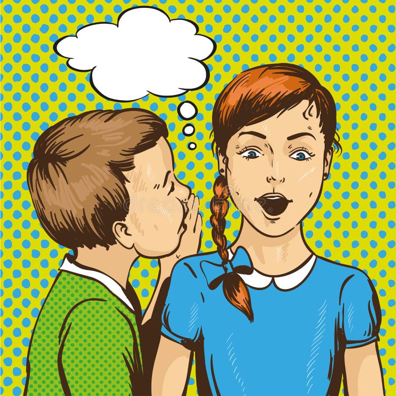 Pop art retro comic vector illustration. Kid whispering gossip or secret to his friend. Children talk each other. Speech vector illustration Pop art retro comic vector illustration. Kid whispering gossip or secret to his friend. Children talk each other. Speech vector illustration