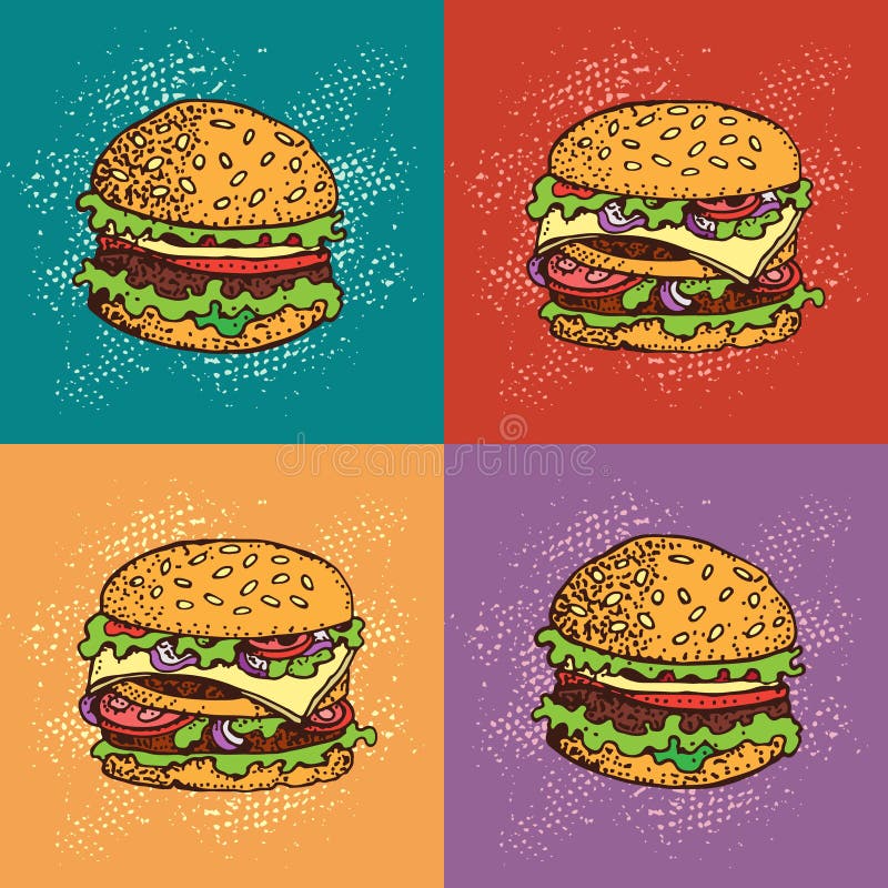 Pop art seamless pattern of burger . American fast food.