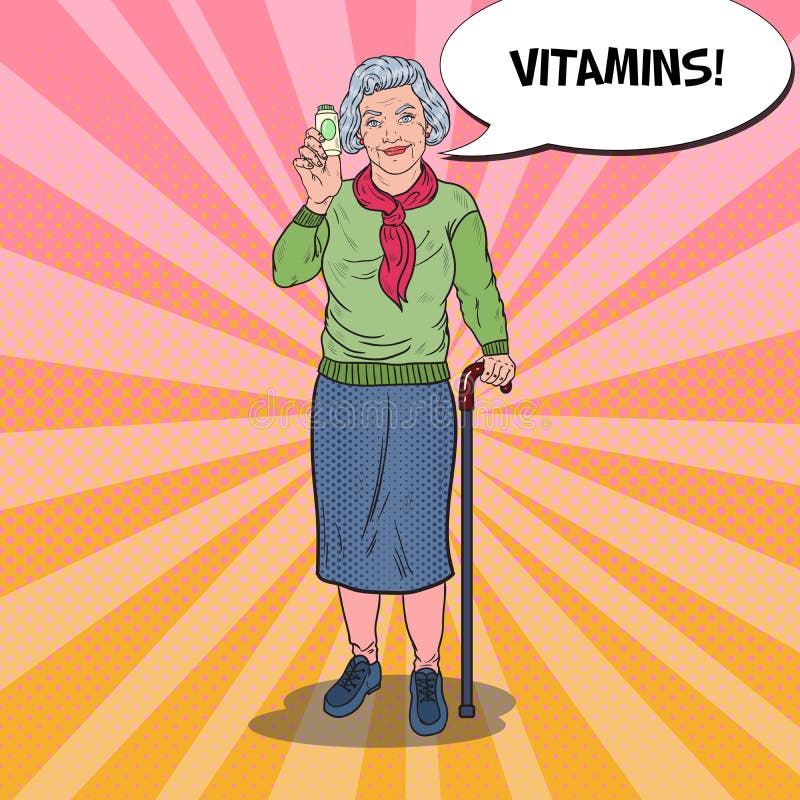 Pop Art Senior Happy Woman with Vitamins. Health Care vector illustration Pop Art Senior Happy Woman with Vitamins. Health Care vector illustration