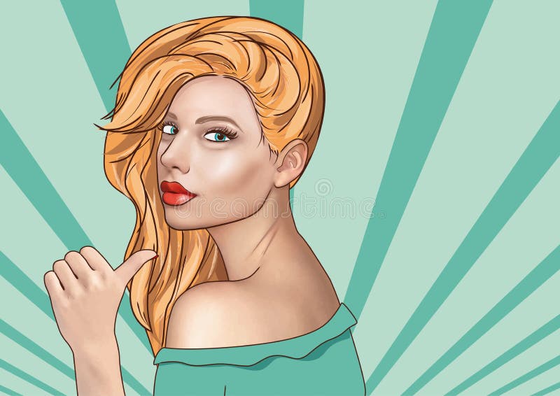 Pop Art Woman Points Behind Her Back Beautiful Blonde With Big Red Lips Stock Vector