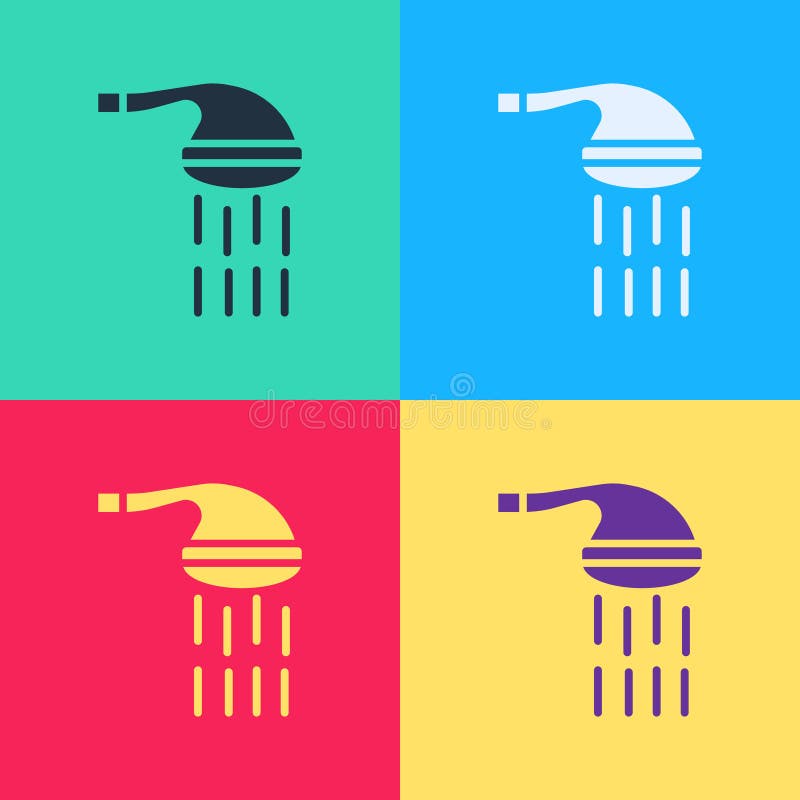 Pop Art Shower Head with Water Drops Flowing Icon Isolated on Color