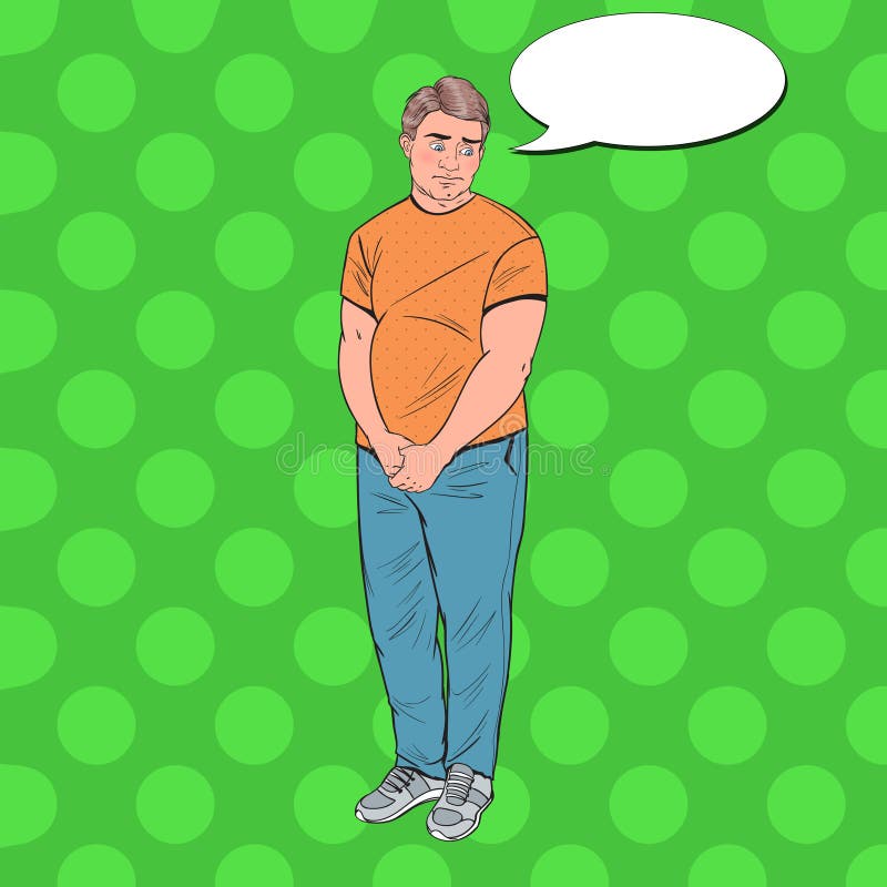Pop Art Shy Fat Man Te zware Beschaamde Jonge Kerel Het ongezonde eten royalty-vrije illustratie Pop Art Shy Fat Man Te zware Beschaamde Jonge Kerel Het ongezonde eten royalty-vrije illustratie