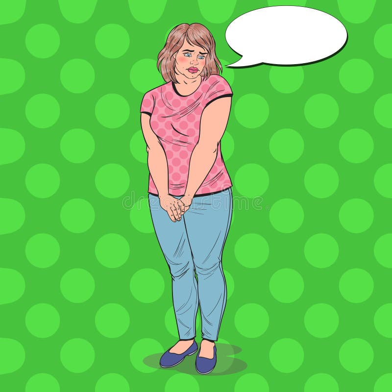 Pop Art Shy Fat Woman Te zwaar Beschaamd Jong Meisje Het ongezonde eten vector illustratie Pop Art Shy Fat Woman Te zwaar Beschaamd Jong Meisje Het ongezonde eten vector illustratie