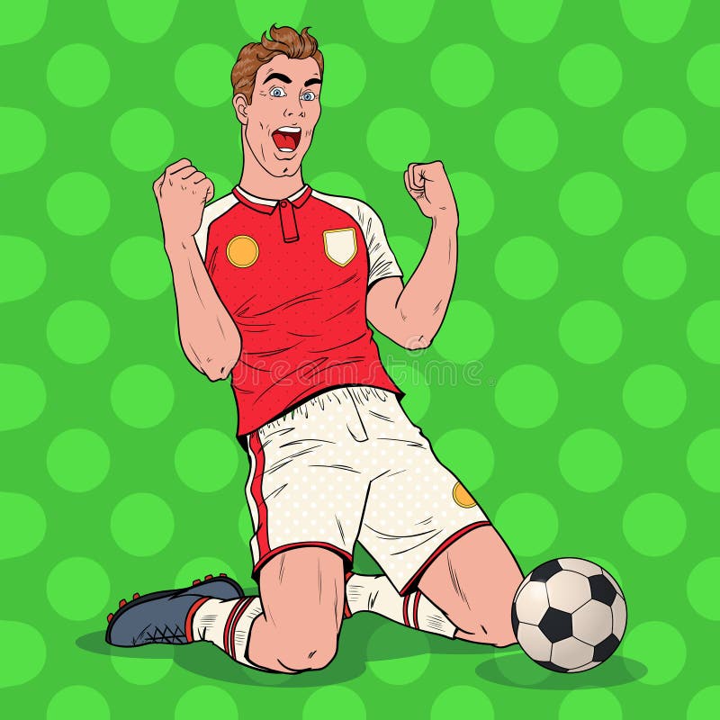 Pop Art Soccer Player Celebrating Goal. Happy Footballer, Sport Concept