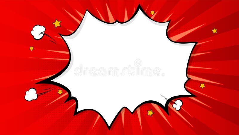 Pop art splash background, explosion in comics book style, blank layout template with halftone dots, clouds beams and