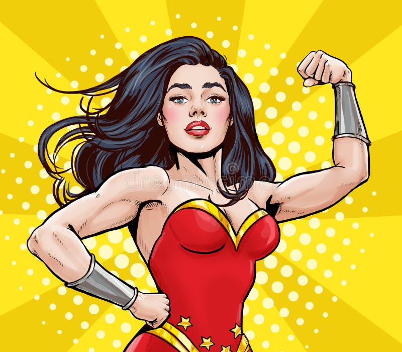 Pop Art super hero woman. Girl power advertising poster. Comic woman showing her biceps.Superwoman. We Can Do It.