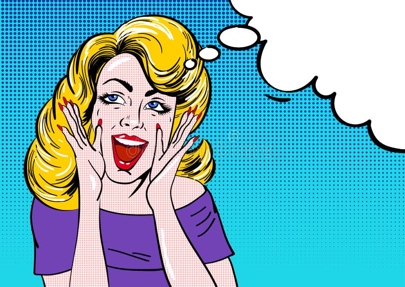 Pop Art Surprised Blond Girl Face With Open Mouth Wow Comic Woman With