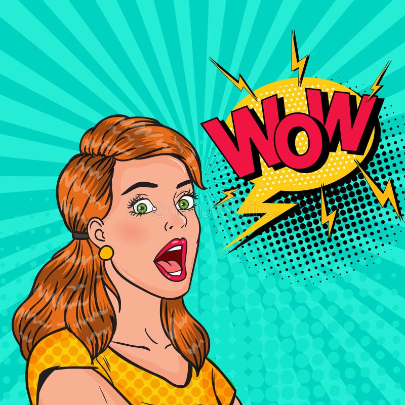 Pop Art Surprised Girl with Open Mouth. Shocked Woman with Comic Speech Bubble Wow. Vintage Advertising Poster, Pin Up royalty free illustration Pop Art Surprised Girl with Open Mouth. Shocked Woman with Comic Speech Bubble Wow. Vintage Advertising Poster, Pin Up royalty free illustration