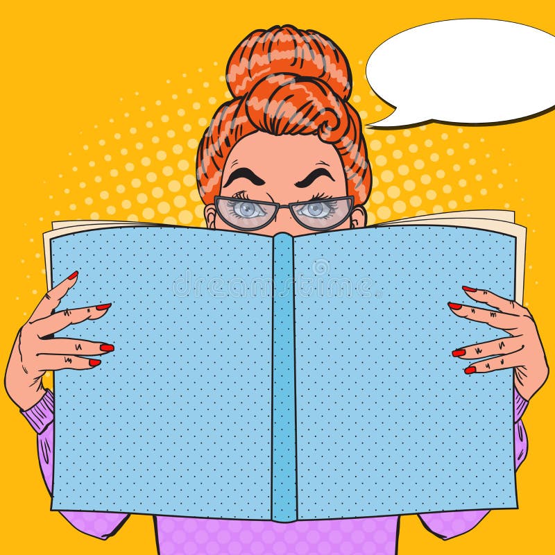 Pop Art Surprised Woman Reading Book bilda begrepp royaltyfri illustrationer Pop Art Surprised Woman Reading Book bilda begrepp royaltyfri illustrationer