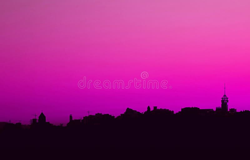 Surreal Style Fantastic City Skyline in Purple Pink Color Stock Photo ...