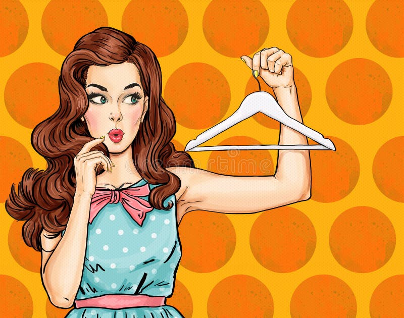Pop Art thinking girl with hanger. Comic woman. girl. Amazed woman.Vintage advertising poster.