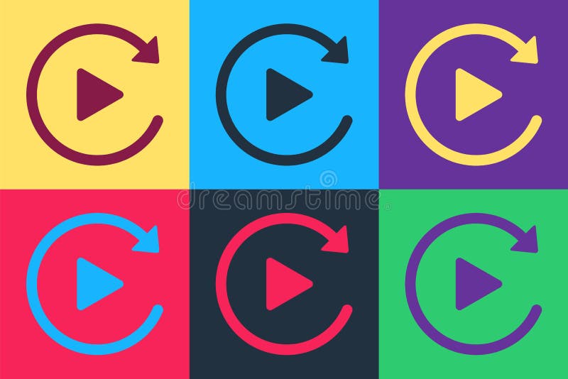Pop art Video play button like simple replay icon isolated on color background. Vector.