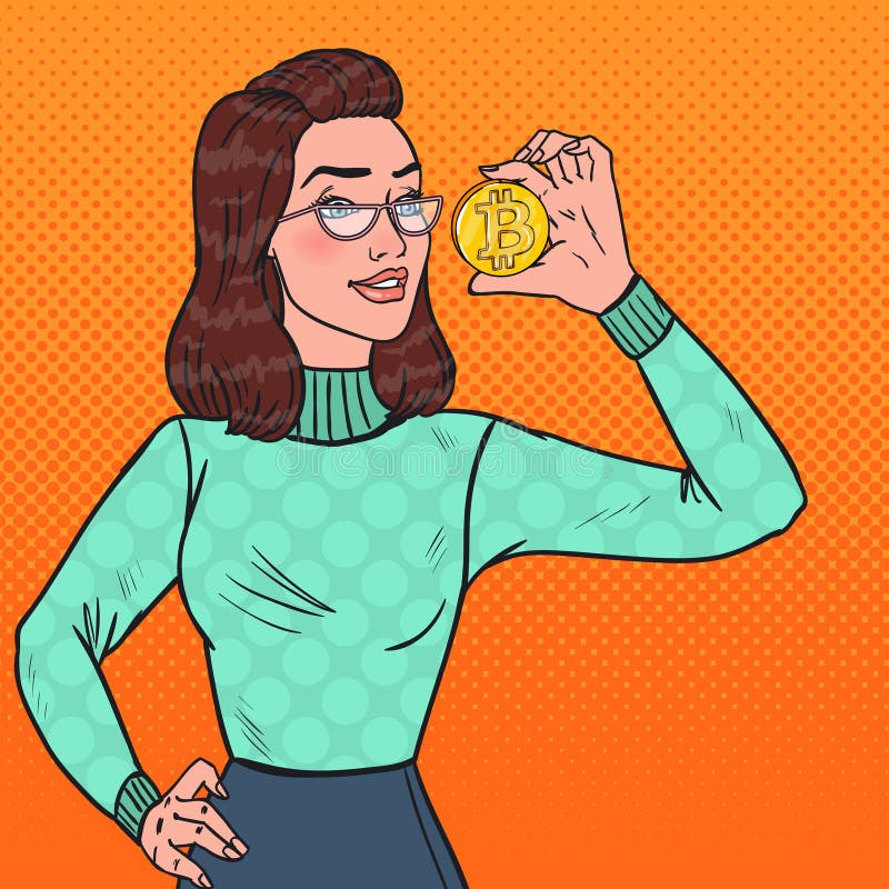 Pop Art Young Business Woman Holding Golden Bitcoin. Virtual Crypto Currency royalty free illustration