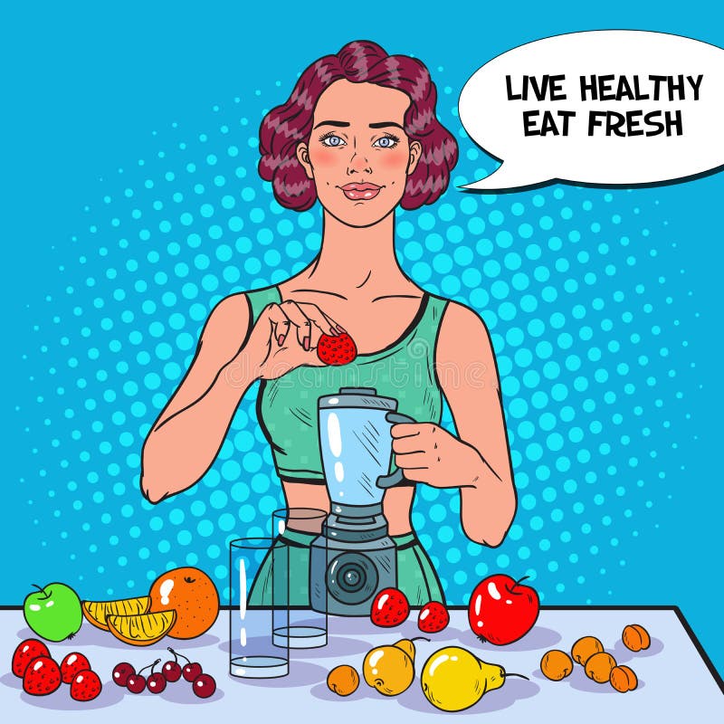 Pop Art Young Woman Making Smoothie med nya frukter äta som är sunt Banta Vegeterian mat royaltyfri illustrationer Pop Art Young Woman Making Smoothie med nya frukter äta som är sunt Banta Vegeterian mat royaltyfri illustrationer