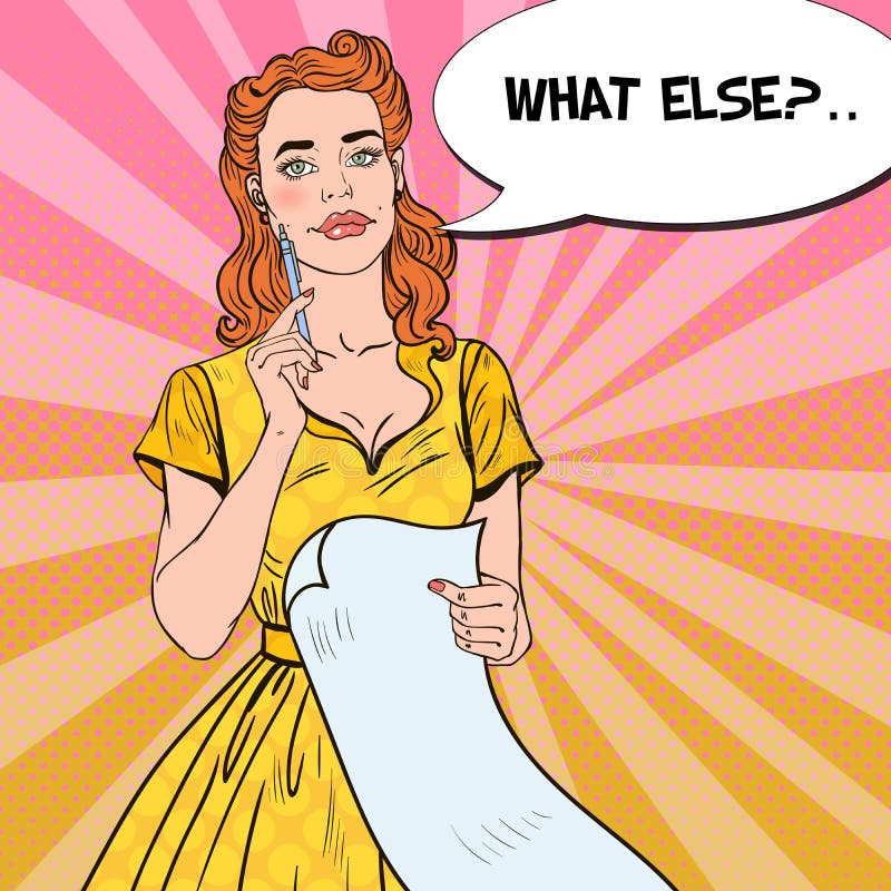 Pop Art Young Woman med pennan och önskelistan royaltyfri illustrationer Pop Art Young Woman med pennan och önskelistan royaltyfri illustrationer