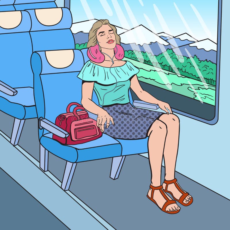 Pop Art Young Woman Sleeping in Train with Earphones. Time to Travel. Vector illustration