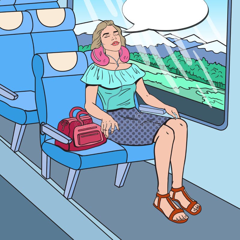 Pop Art Young Woman Travelling by Train with Earphones. Time to Travel. Vector illustration