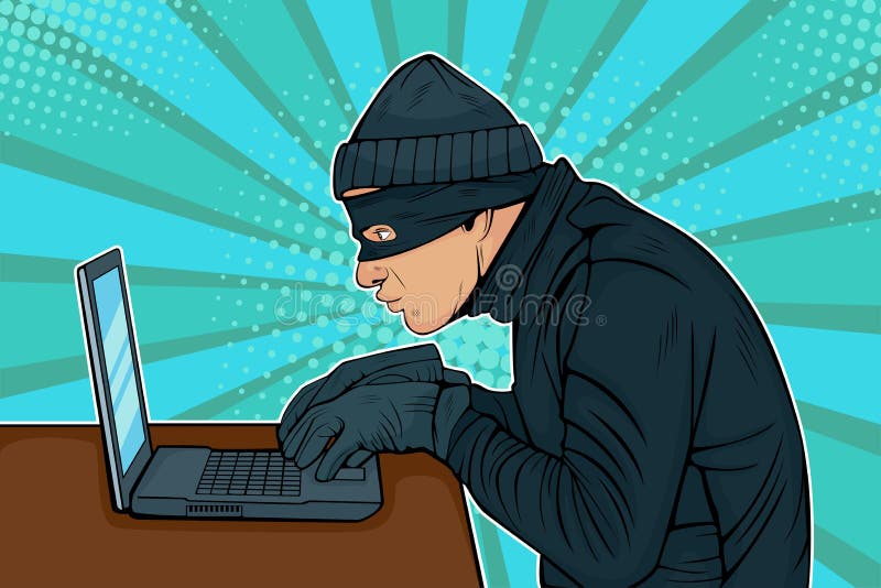 Pop-Arten-Hackerdieb, der in einen Computer zerhackt stock abbildung Pop-Arten-Hackerdieb, der in einen Computer zerhackt stock abbildung