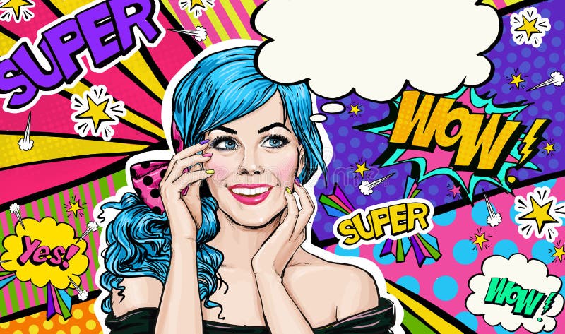 Pop-artillustratie van blauw hoofdmeisje op Pop-artachtergrond Pop-artmeisje Het uitstekende etiket van de theetijd De groetkaart stock illustratie Pop-artillustratie van blauw hoofdmeisje op Pop-artachtergrond Pop-artmeisje Het uitstekende etiket van de theetijd De groetkaart stock illustratie