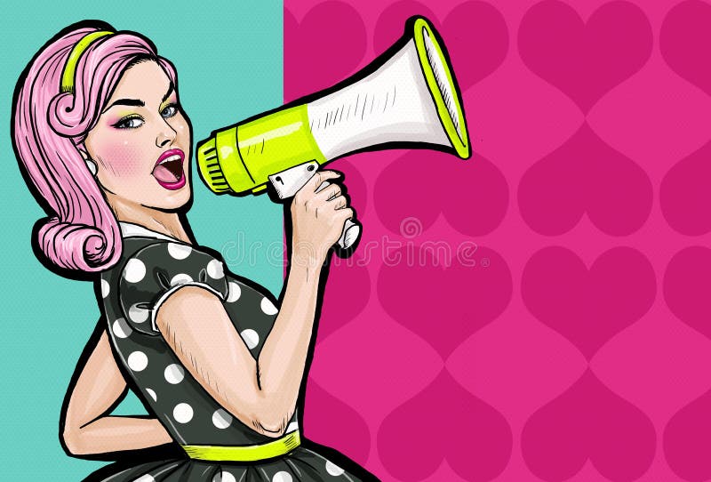 Pop-artmeisje met megafoon Vrouw met luidspreker Meisje die korting of verkoop aankondigen Het winkelen tijd Pop-artmeisje met megafoon Vrouw met luidspreker Meisje die korting of verkoop aankondigen Het winkelen tijd
