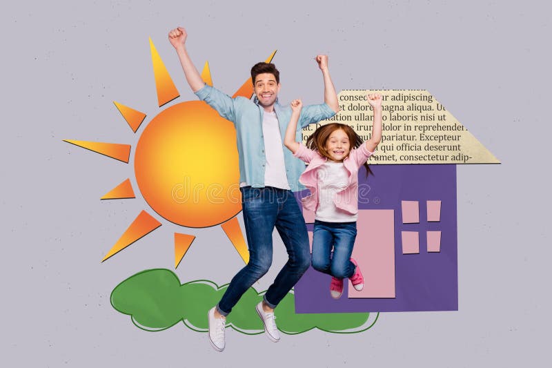Pop collage of people win stand front image house with sun over grey color background stock illustration