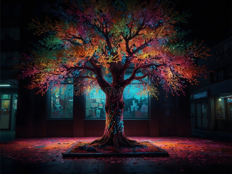 Pop of color in the city. Tree with colorful leaves in front of a building at night. abstract background, wallpaper. Pop of color in the city. Tree with colorful leaves in front of a building at night. abstract background, wallpaper