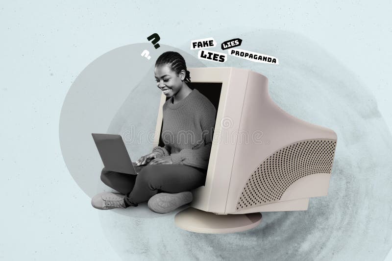 Pop image collage of person use netbook sit in computer display with lies on grey background stock photos