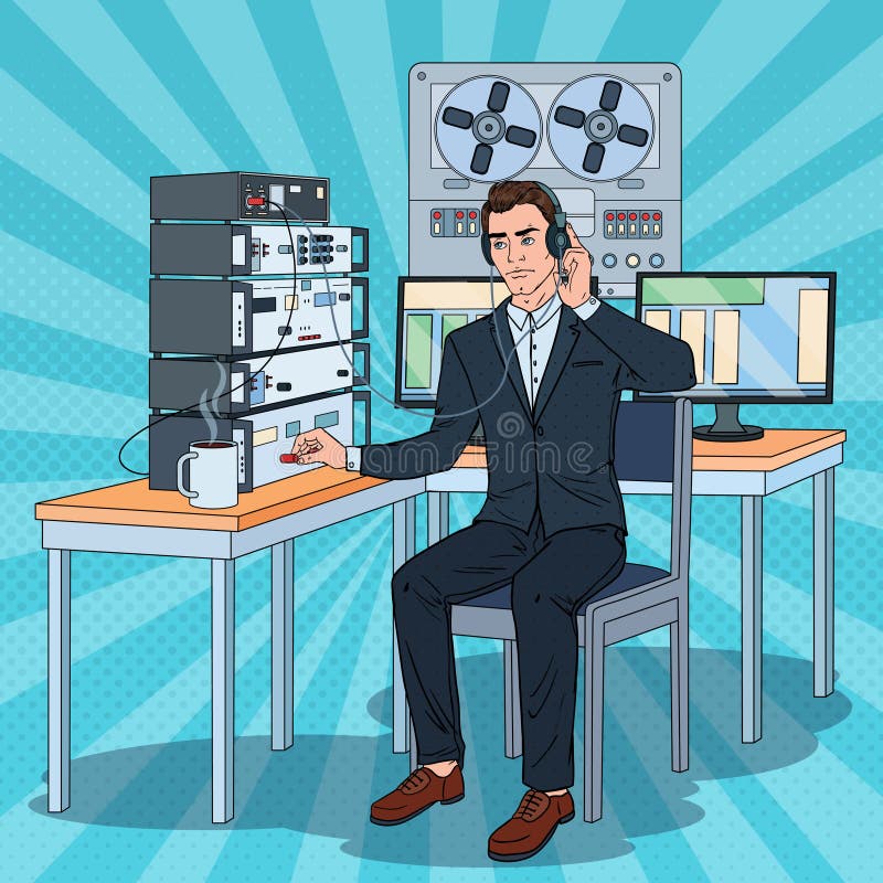 Pop Registreertoestel van Art Man Wiretapping Using Headphones en van de Spoel Mannelijke Detective Working royalty-vrije illustratie Pop Registreertoestel van Art Man Wiretapping Using Headphones en van de Spoel Mannelijke Detective Working royalty-vrije illustratie