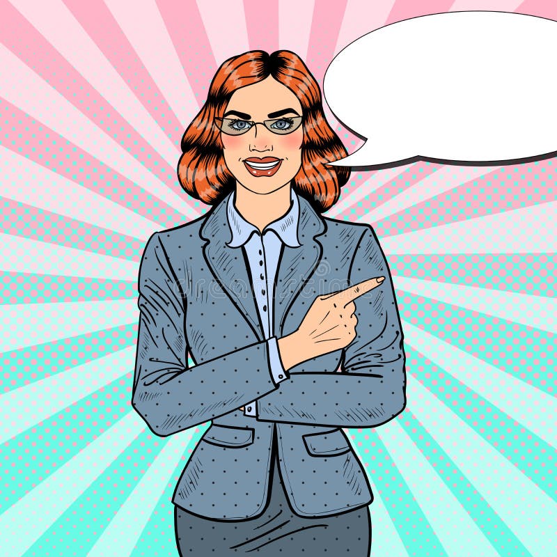 PopArt Smiling Business Woman Pointing finger på kopieringsutrymme vektor illustrationer PopArt Smiling Business Woman Pointing finger på kopieringsutrymme vektor illustrationer