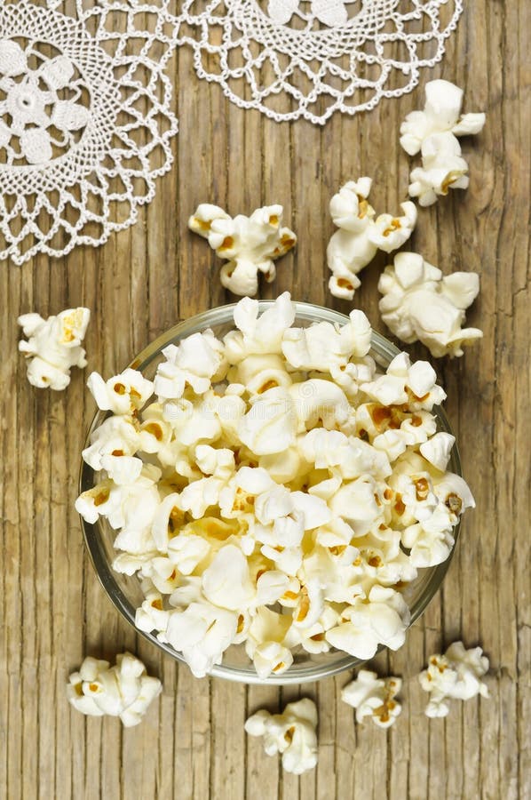 Popcorn in Bowl on Wooden Table Stock Image Image of dish, cinema