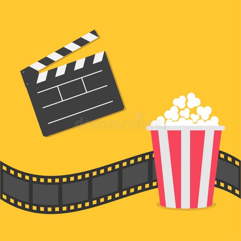 popcorn Filmstreifengrenze Öffnen Sie Filmscharnierventilbrettikone Roter gelber Kasten Kinofilmnachtikone in der flachen Designa