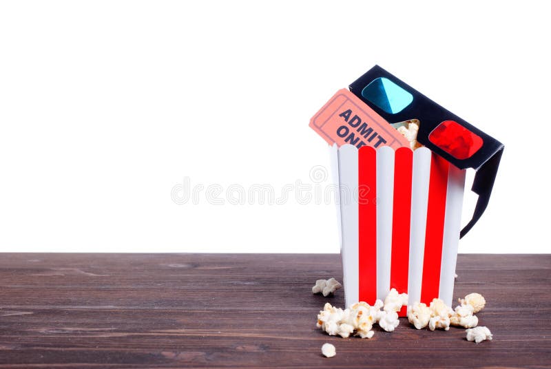 Popcorn movie tickets 3 d glasses side view of insulation stock images Popcorn movie tickets 3 d glasses side view of insulation stock images