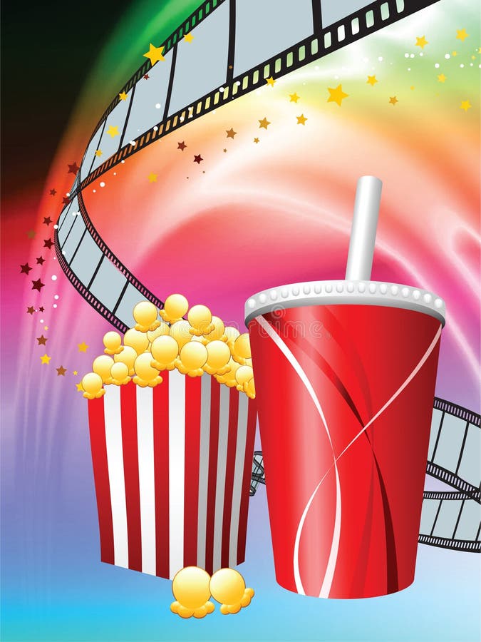 Popcorn and Soda on Liquid Wave Background vector illustration